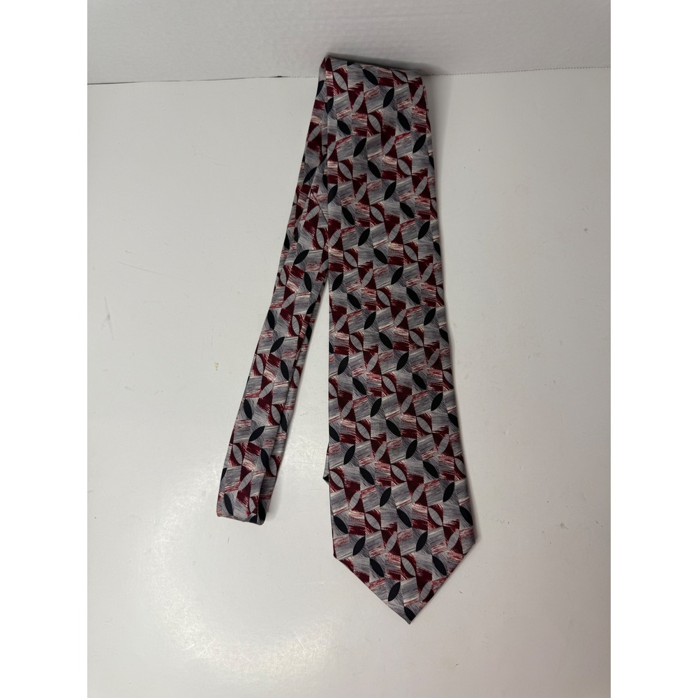 Grand Prix Silk Necktie Abstract Geometric Pattern Mens Burgundy Gray Black